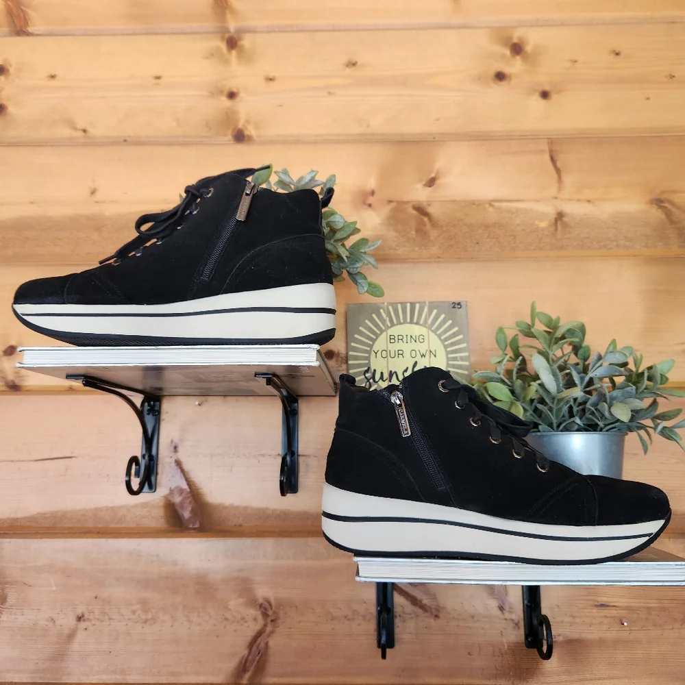 Carmela Love Leather Ankle Boot Black Platform Wedge Suede Sneaker Trainer Sz 40